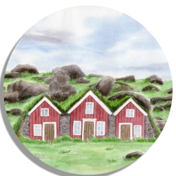 Untersetzer Glasuntersetzer rund 9,5 cm Aquarell Kunst Druck Kunstdruck  Feenhäuser Island Märchen