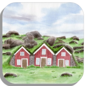 Untersetzer Glasuntersetzer 9,5 x 9,5 cm Aquarell Kunst Druck Kunstdruck  Feenhäuser Island Märchen