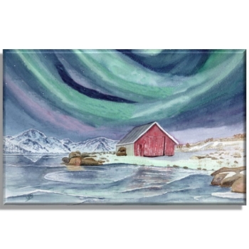 Leinwand 30 x 20 cm Keilrahmen Canvas-Leinen Aquarell Kunst Druck Kunstdruck Norwegen Norge Norway Eisfjord Fjord Gletscher Haus am Fjord Polarlichter