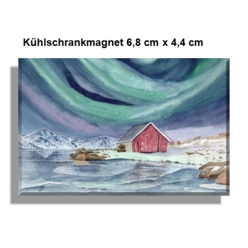 Kühlschrankmagnet  Aquarell Kunst Druck Kunstdruck Norwegen Norge Norway Eisfjord Fjord Gletscher Haus am Fjord Polarlichter