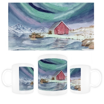 Tasse Becher Kaffeebecher  Aquarell Kunst Druck Kunstdruck Norwegen Norge Norway Eisfjord Fjord Gletscher Haus am Fjord Polarlichter