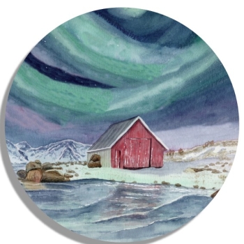 Untersetzer Glasuntersetzer rund 9,5 cm Aquarell Kunst Druck Kunstdruck Norwegen Norge Norway Eisfjord Fjord Gletscher Haus am Fjord Polarlichter