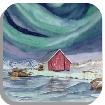 Untersetzer Glasuntersetzer 9,5 x 9,5 cm Aquarell Kunst Druck Kunstdruck Norwegen Norge Norway Eisfjord Fjord Gletscher Haus am Fjord Polarlichter
