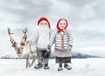Poster DIN-A4  Aquarell Kunst Druck Kunstdruck Norwegen Norge Norway Weihnachten Weihnachtsmann Julenissen - NO9