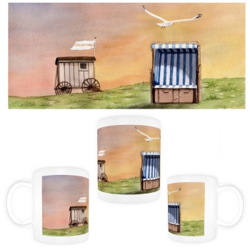 Tasse Becher Kaffeebecher Aquarell Maritim Kunst Druck Kunstdruck Nordsee Insel Norderney Strandkorb Badekarren Strand Meer Dünen
