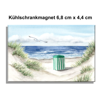 Kühlschrankmagnet Aquarell Kunst Druck Kunstdruck Strandzelt Meer Strand Düne Möwe - Norderney Borkum