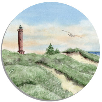 Untersetzer Glasuntersetzer rund 9,5 cm Aquarell Maritim Kunst Druck Kunstdruck Nordsee Norderney Leuchtturm Insel Strand