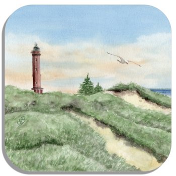 Untersetzer Glasuntersetzer 9,5 x 9,5 cm Aquarell Maritim Kunst Druck Kunstdruck Nordsee Norderney Leuchtturm Insel Strand