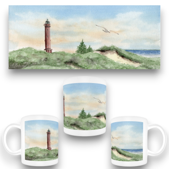 Tasse Becher Kaffeebecher Aquarell Maritim Kunst Druck Kunstdruck Nordsee Norderney  Leuchtturm Insel Strand