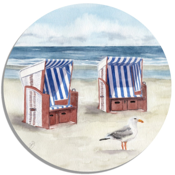 Untersetzer Glasuntersetzer rund 9,5 cm  Aquarell Kunst Druck Kunstdruck - Strandkorb Meer Strand  Möwe - Norderney Borkum