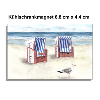 Kühlschrankmagnet Aquarell Kunst Druck Kunstdruck Strandkorb Meer Strand  Möwe - Norderney Borkum