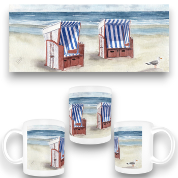 Tasse Becher Kaffeebecher Aquarell Kunst Druck Kunstdruck - Strandkorb Meer Strand  Möwe - Norderney Borkum