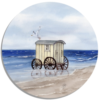 Untersetzer Glasuntersetzer rund 9,5 cm Aquarell Maritim Kunst Druck Kunstdruck Nordsee Norderney Badekarren Insel Strand Düne