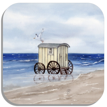 Untersetzer Glasuntersetzer 9,5 x 9,5 cm Aquarell Maritim Kunst Druck Kunstdruck Nordsee Norderney Badekarren Insel Strand Düne