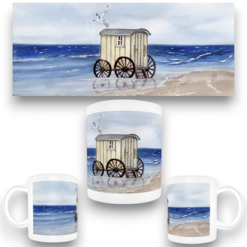 Tasse Becher Kaffeebecher Aquarell Maritim Kunst Druck Kunstdruck Nordsee Norderney Badekarren Insel Strand Düne