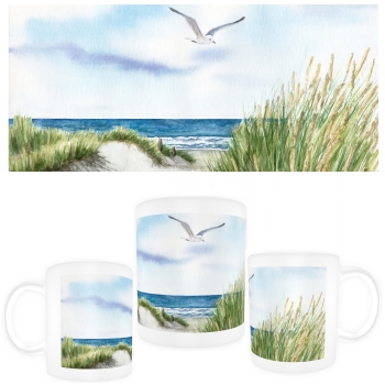 Tasse Becher Kaffeebecher Strandweg  Aquarell Maritim Kunst Druck Kunstdruck Dänemark Nordsee Ostsee Dünen Meer Strand Sylt
