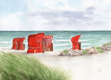 Postkarte DIN-A6  Aquarell Kunst Maritim Druck Kunstdruck Strandkörbe rot am Meer Ostsee Meer Strand Dünen
