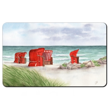Frühstücksbrettchen Aquarell Kunst Maritim Druck Kunstdruck Strandkörbe rot am Meer - Ostsee Meer Strand Dünen