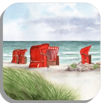 Untersetzer Glasuntersetzer 9,5 x 9,5 cm Aquarell Kunst Maritim Druck Kunstdruck Strandkörbe rot am Meer Ostsee Meer Strand Dünen