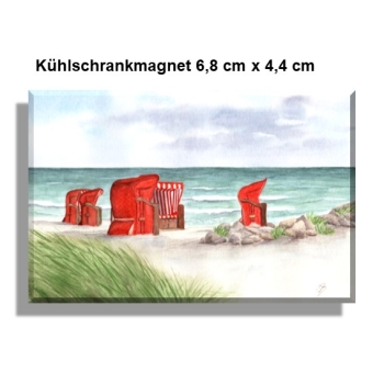 Kühlschrankmagnet Aquarell Kunst Maritim Druck Kunstdruck Strandkörbe rot am Meer Ostsee Meer Strand Dünen