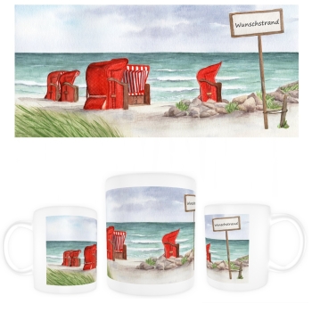 Tasse Becher Kaffeebecher Aquarell Kunst Maritim Druck Kunstdruck Strandkörbe rot am Meer Ostsee Meer Strand Dünen