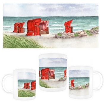Tasse Becher Kaffeebecher Aquarell Kunst Maritim Druck Kunstdruck Strandkörbe rot am Meer Ostsee Meer Strand Dünen