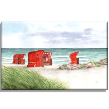 Leinwand 30 x 20 cm Keilrahmen Canvas-Leinen Aquarell Kunst Maritim Druck Kunstdruck Strandkörbe rot am Meer Ostsee Meer Strand Dünen