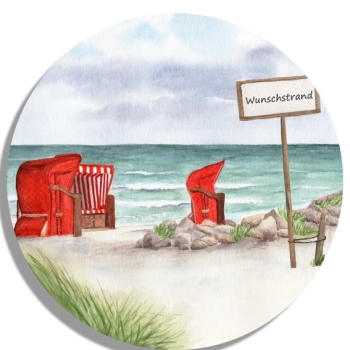 Untersetzer Glasuntersetzer rund 9,5 cm  Aquarell Kunst Maritim Druck Kunstdruck Strandkörbe rot am Meer Ostsee Meer Strand Dünen
