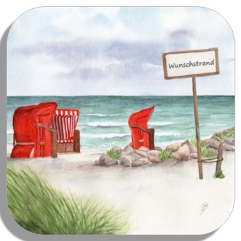 Untersetzer Glasuntersetzer 9,5 x 9,5 cm Aquarell Kunst Maritim Druck Kunstdruck Strandkörbe rot am Meer Ostsee Meer Strand Dünen