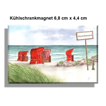 Kühlschrankmagnet Aquarell Kunst Maritim Druck Kunstdruck Strandkörbe rot am Meer Ostsee Meer Strand Dünen
