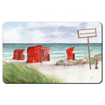 Frühstücksbrettchen Aquarell Kunst Maritim Druck Kunstdruck Strandkörbe rot am Meer - Ostsee Meer Strand Dünen