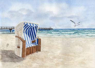 Postcard DIN-A6  Watercolor Maritime Art Print Baltic Sea - Seagull Pier