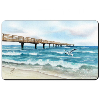 Frühstücksbrettchen Brettchen Folienmagnet Aquarell Maritim Kunst Druck Kunstdruck Ostsee - Seebrücke  Möwe