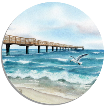 Untersetzer Glasuntersetzer rund 9,5 cm Aquarell Maritim Kunst Druck Kunstdruck Ostsee - Seebrücke  Möwe