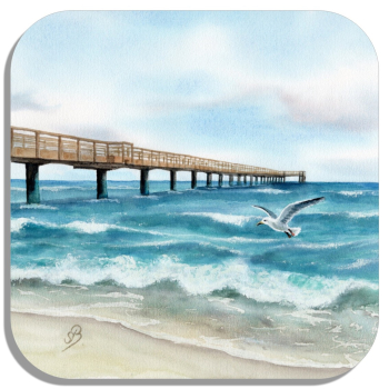 Untersetzer Glasuntersetzer 9,5 x 9,5 cm Aquarell Maritim Kunst Druck Kunstdruck Ostsee - Seebrücke  Möwe