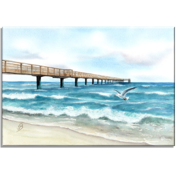 Leinwand 30 x 20 cm Keilrahmen Canvas-Leinen  Aquarell Maritim Kunst Druck Kunstdruck Ostsee - Seebrücke  Möwe