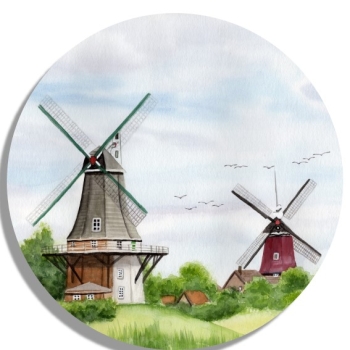 Untersetzer Glasuntersetzer rund 9,5 cm Aquarell Maritim Kunst Druck Kunstdruck Nordsee Ostfriesland Greetsiel Mühle Mühlen Windmühle Windmühlen