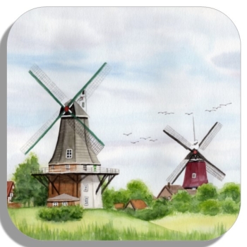 Untersetzer Glasuntersetzer 9,5 x 9,5 cm  Aquarell Maritim Kunst Druck Kunstdruck Nordsee Ostfriesland Greetsiel Mühle Mühlen Windmühle Windmühlen