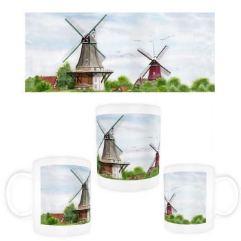 Tasse Becher Kaffeebecher  Aquarell Maritim Kunst Druck Kunstdruck Nordsee Ostfriesland Greetsiel Mühle Mühlen Windmühle Windmühlen