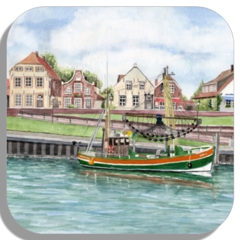 Untersetzer Glasuntersetzer 9,5 x 9,5 cm  Aquarell Maritim Kunst Druck Kunstdruck Nordsee Ostfriesland Greetsiel Hafen