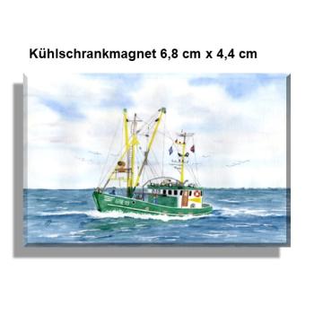 Kühlschrankmagnet  Aquarell Maritim Kunst Druck Kunstdruck Dänemark Nordsee Ostsee Fischerboot Kutter Fischkutter Krabbenkutter grün Ostfriesland Greetsiel Meer Boot Möwen