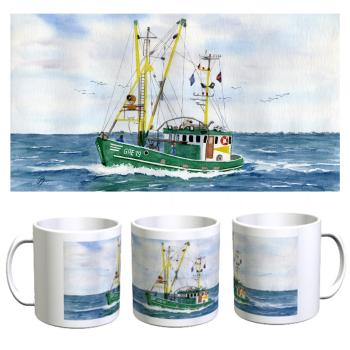 Tasse Becher Kaffeebecher  Aquarell Maritim Kunst Druck Kunstdruck Dänemark Nordsee Ostsee Fischerboot Kutter Fischkutter Krabbenkutter grün Ostfriesland Greetsiel Meer Boot Möwen