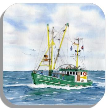 Coasters glass coasters 9,5 x  9,5 cm Watercolor Maritime Art Print Denmark North Sea Baltic Sea Fishing boat green fisherboat cutter Seagulls Greetsiel