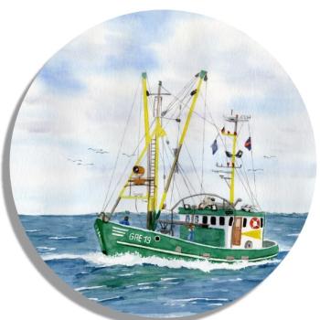 Untersetzer Glasuntersetzer rund 9,5 cm  Aquarell Maritim Kunst Druck Kunstdruck Dänemark Nordsee Ostsee Fischerboot Kutter Fischkutter Krabbenkutter grün Ostfriesland Greetsiel Meer Boot Möwen