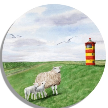 Coasters glass coasters 9,5 x  9,5 cm Watercolor Maritime Art Print North Sea East Friesland Greetsiel lighthouse Pilsum sheeps