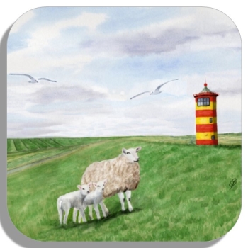 Coasters glass coasters 9,5 x  9,5 cm Watercolor Maritime Art Print North Sea East Friesland Greetsiel lighthouse Pilsum sheeps