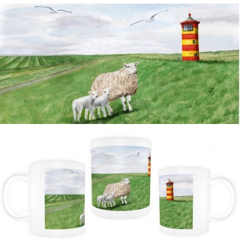 Cup Coffee Cup Mug Watercolor Maritime Art Print North Sea East Friesland Greetsiel lighthouse Pilsum sheeps