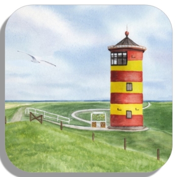 Untersetzer Glasuntersetzer 9,5 x 9,5 cm Aquarell Maritim Kunst Druck Kunstdruck Nordsee Ostfriesland Greetsiel Pilsumer Leuchtturm Pilsum Schafe Deich