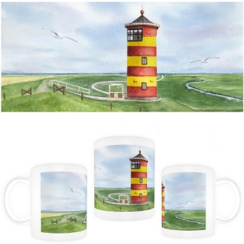 Tasse Becher Kaffeebecher Aquarell Maritim Kunst Druck Kunstdruck Nordsee Ostfriesland Greetsiel Pilsumer Leuchtturm Pilsum Schafe Deich
