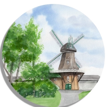 Untersetzer Glasuntersetzer rund 9,5 cm Aquarell Maritim Kunst Druck Kunstdruck Nordsee Ostfriesland Greetsiel Mühle Mühlen Windmühle Windmühlen